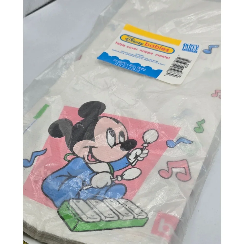 Vintage 90s Disney Paper Table Cover White Baby Mickey Minnie Mouse 1st Birthday